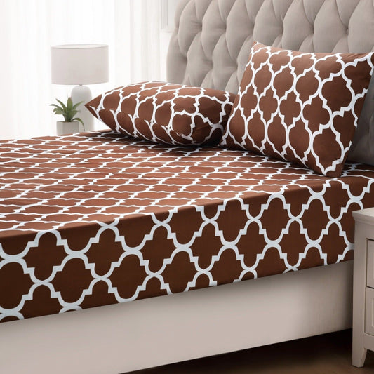 Fitted Bed Sheet-Brown Geometric Fitted Sheets Apricot   