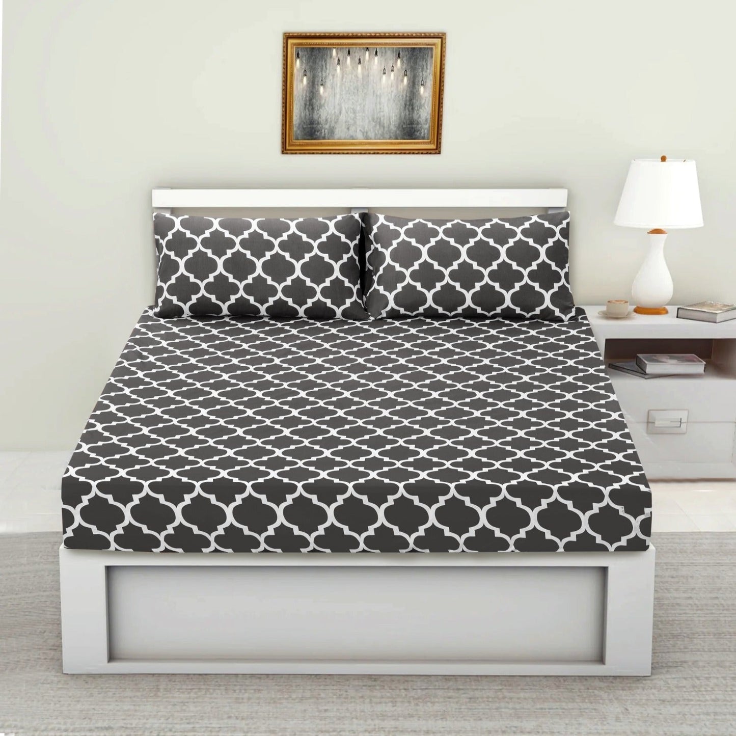 Fitted Bed Sheet-Grey Geometric Apricot