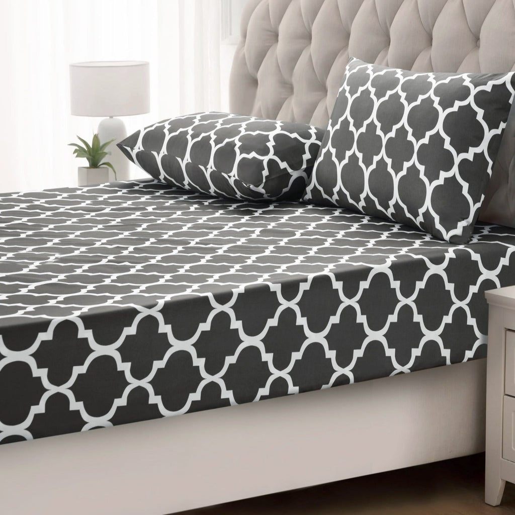 Fitted Bed Sheet-Grey Geometric Apricot