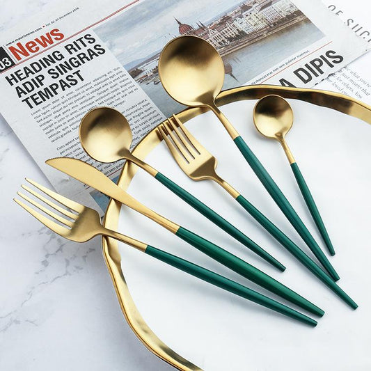 24 PCs Premium Steel Cutlery Set-(4406) Green Over Golden Cutlery Set Apricot