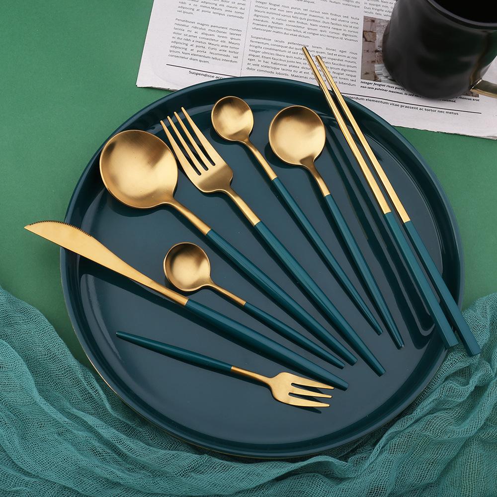 Green/Golden (4406)-24 PCs Premium Steel Cutlery Set Apricot