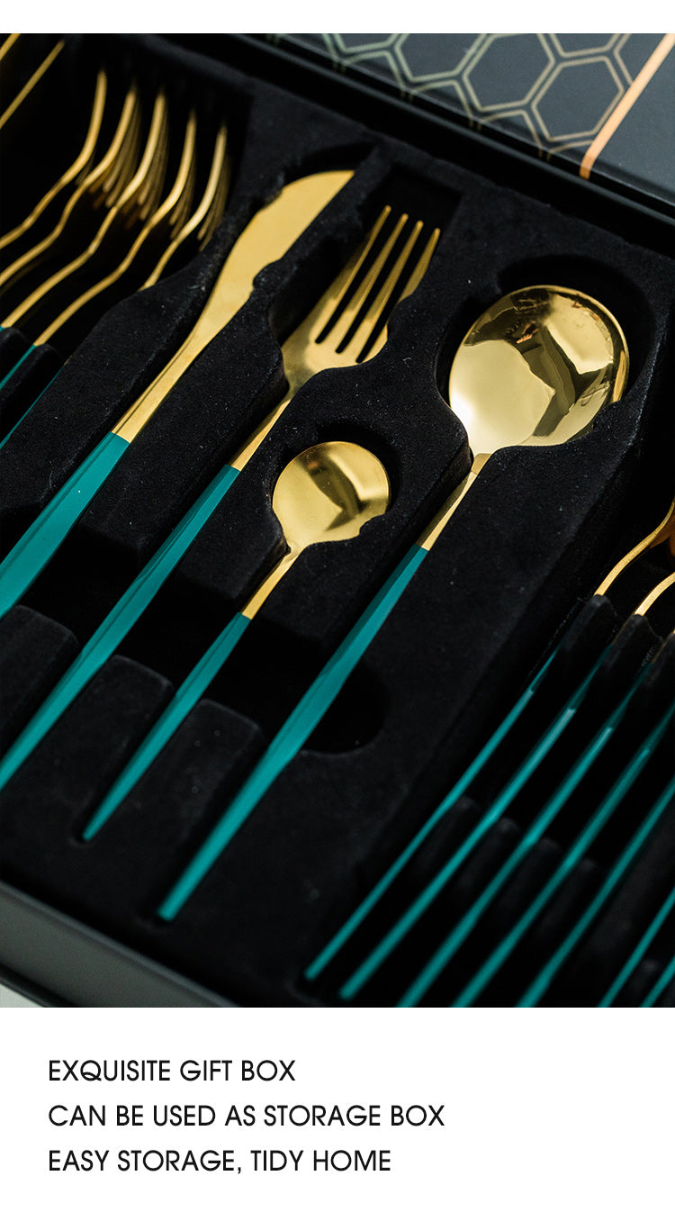 Green/Golden (4406)-24 PCs Premium Steel Cutlery Set Apricot