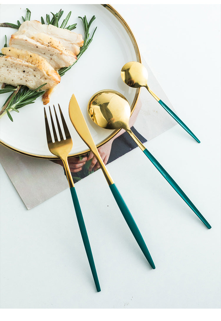 Green/Golden (4406)-24 PCs Premium Steel Cutlery Set Apricot