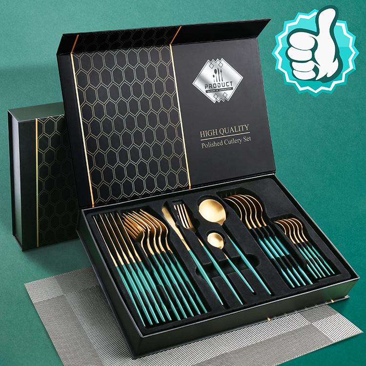 Green/Golden (4406)-24 PCs Premium Steel Cutlery Set Apricot