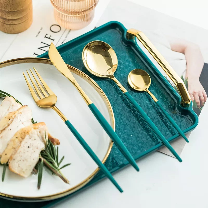 Green/Golden (4406)-24 PCs Premium Steel Cutlery Set Apricot