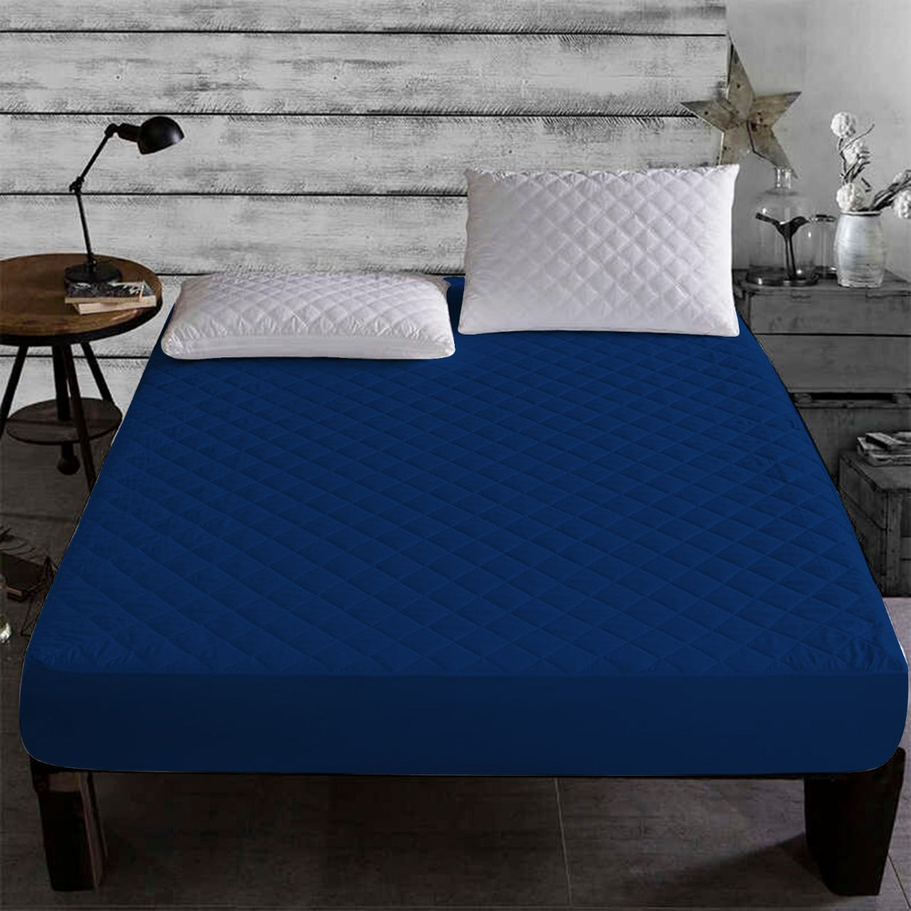 Quilted Waterproof Mattress Protector-Navy Blue  Apricot   