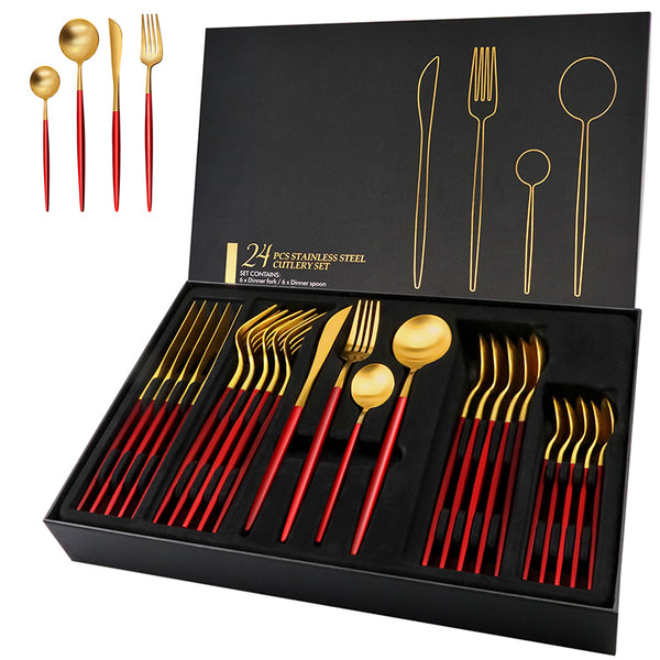 Red/Golden(4406)-24 PCs Premium Steel Cutlery Set Apricot