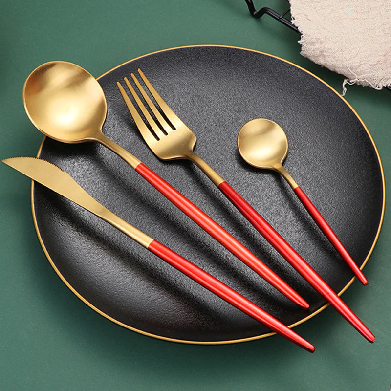 Red/Golden(4406)-24 PCs Premium Steel Cutlery Set Apricot