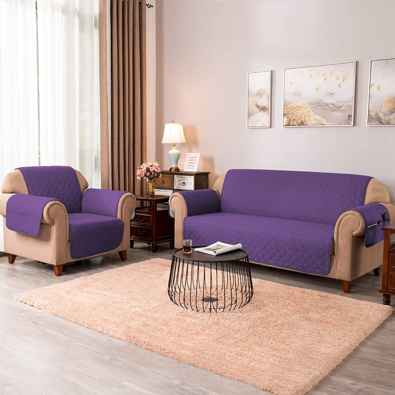 Sofa Cover-Purple with Pockets Sofa Cover Apricot   