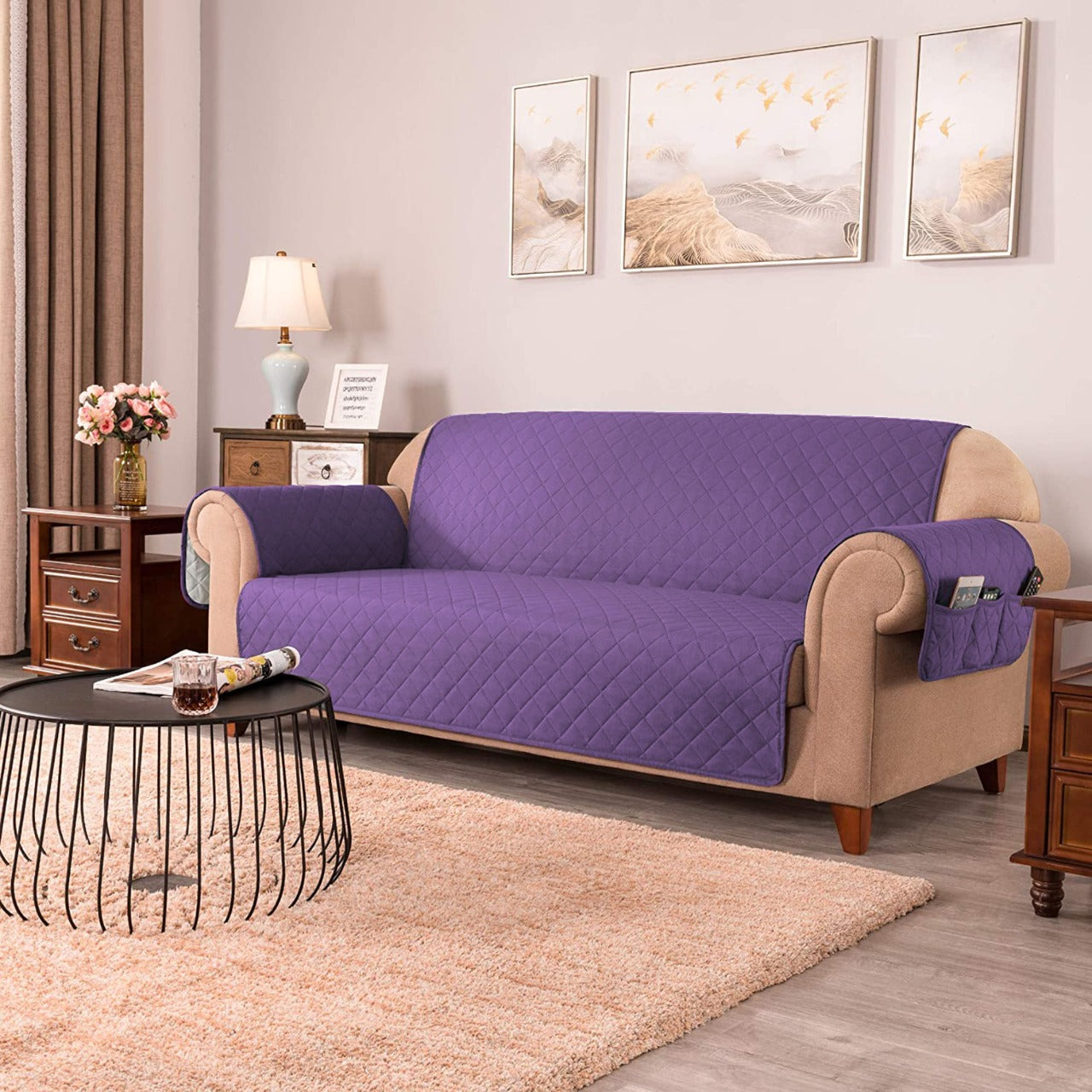 Sofa Cover-Purple with Pockets Sofa Cover Apricot   