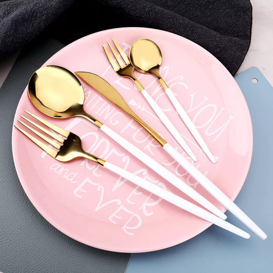 24 PCs Premium Steel Cutlery Set- (4406) White Over Golden Apricot