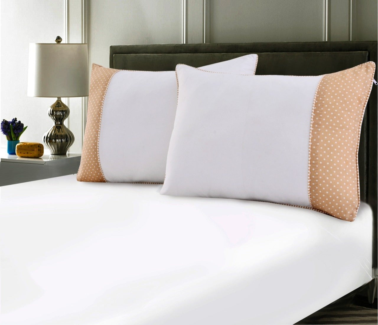 White Pillows Pair(3330) With-Beige Polka FILLINGS The Apricot Linen   